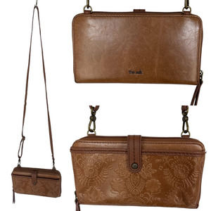 The Sak Brown 3 in 1 Leather Crossbody Bag Wristlet Wallet Embossed Womens Purse